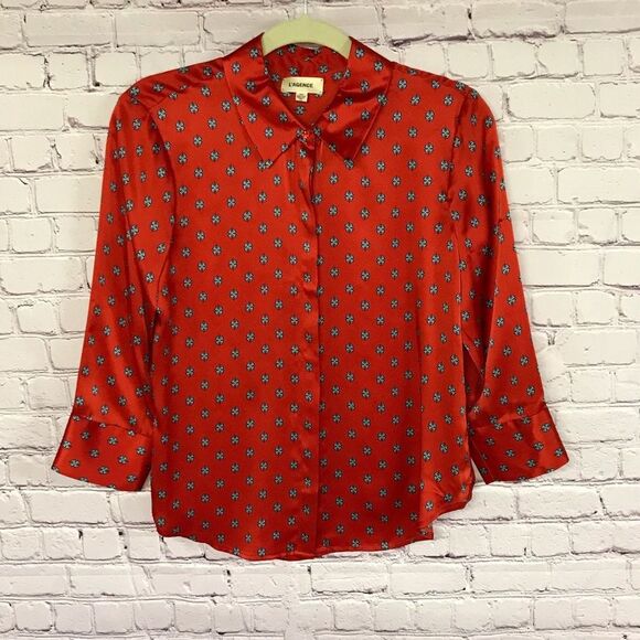 L'AGENCE Royal Red Maestro Jil Silk Charmeuse Button Blouse 3/4 Sleeve Size SP - Picture 1 of 13